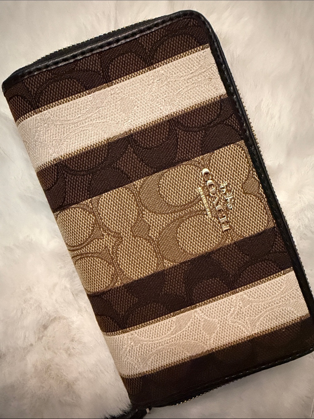 Coach Striped Signature Zip Wallet in Brown, Tan & Cream